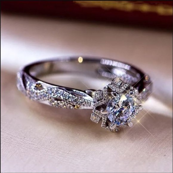 Filigree Art Deco Style Zircon Diamond Ring Sz 8 - Picture 6 of 8